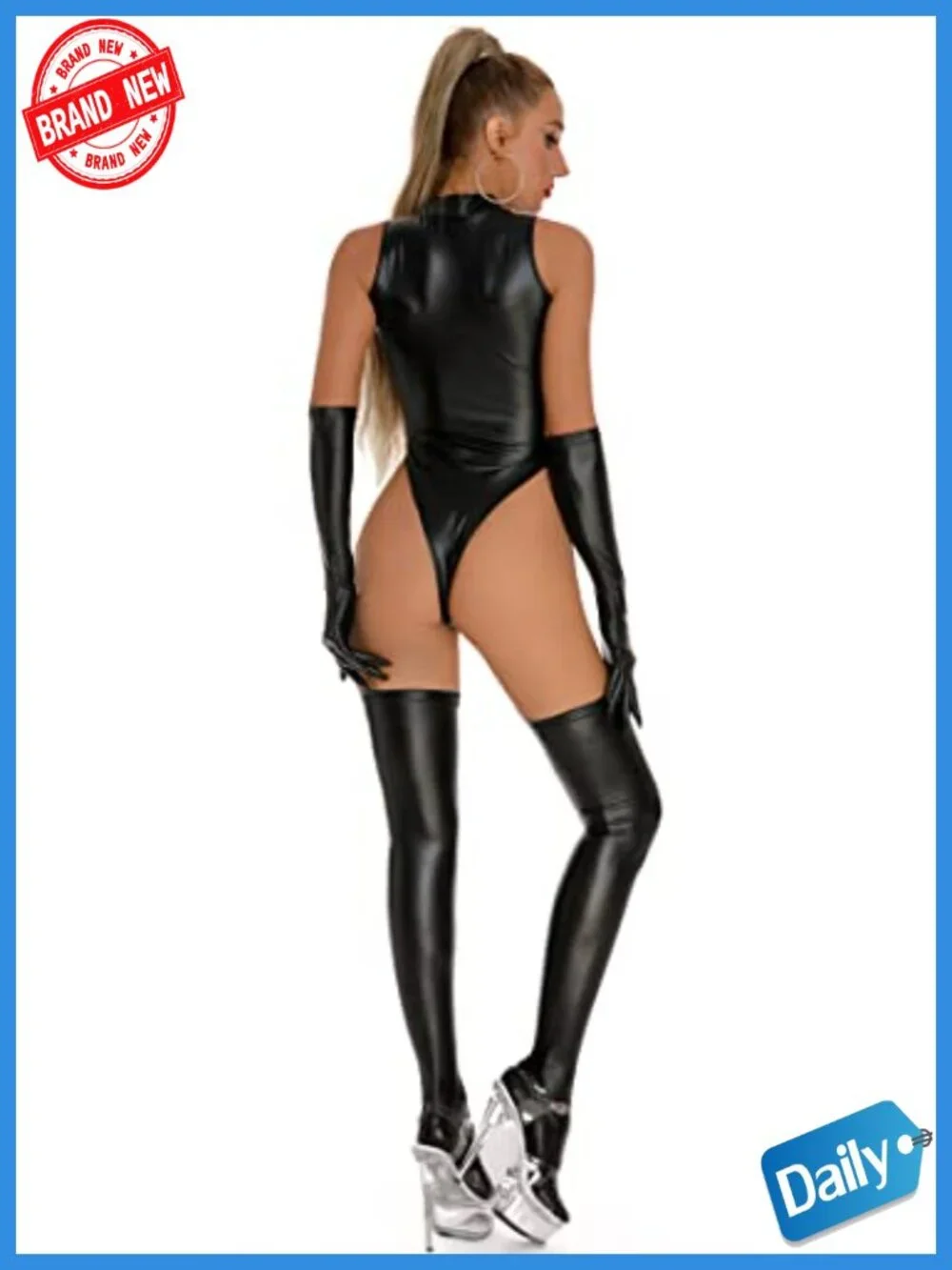 Shiny Metallic Bodysuit Jumpsuit with Stockings & Gloves for Raves Parties